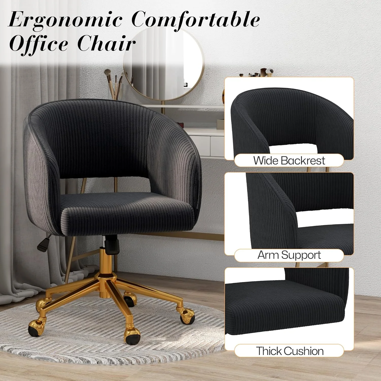 Home Office Swivel Desk Chair, Modern Velvet Vanity Chair, Height Adjustable Armchair with Gold Base, Ergonomic Office Chair for Task Study Computer Room, Beige - Image 40