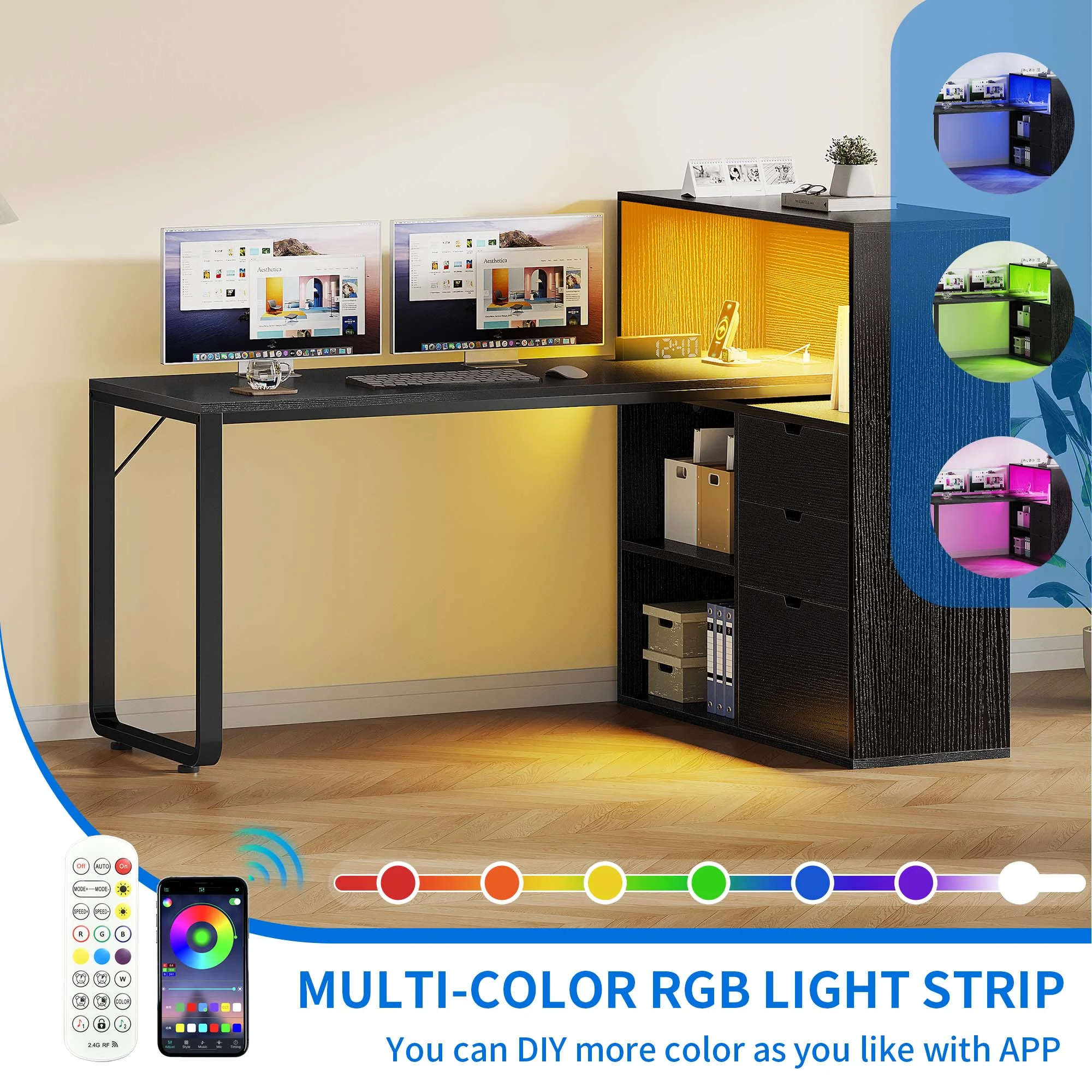 Dextrus L Shaped Desk with Power Outlets & LED Lights, Computer Desk with 3 Drawers and 3 Storage Shelves, White Office Desk Corner Desk for Home Office - Image 32