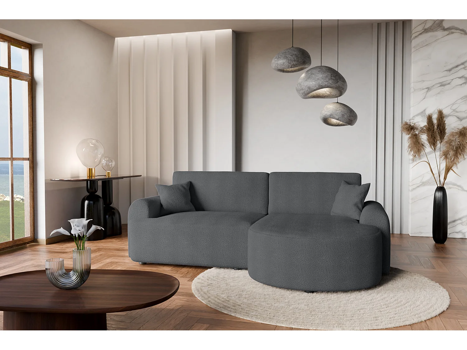 Canapé d’angle droit moderne avec fonction couchage en anthracite – ARTE PREMIUM, direct fabricant