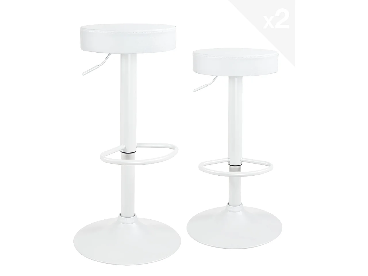 Lot 2 tabourets bar blanc rond simili rembourré pivotant hauteur réglable YO (blanc intégral)