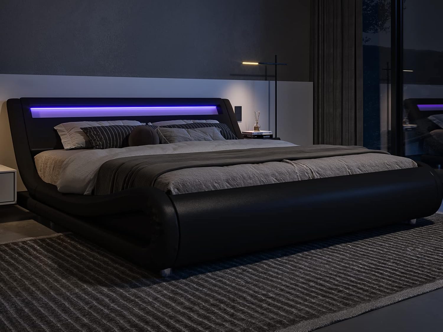 Allewie Full Size LED Platform Bed Frame with Adjustable Headboard/No Box Spring Need/Easy Assembly/Faux Leather in Black