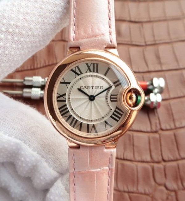 Replica Cartier Ballon Bleu 33mm RG White Dial Leather Strap Ronda Quartz - Top club