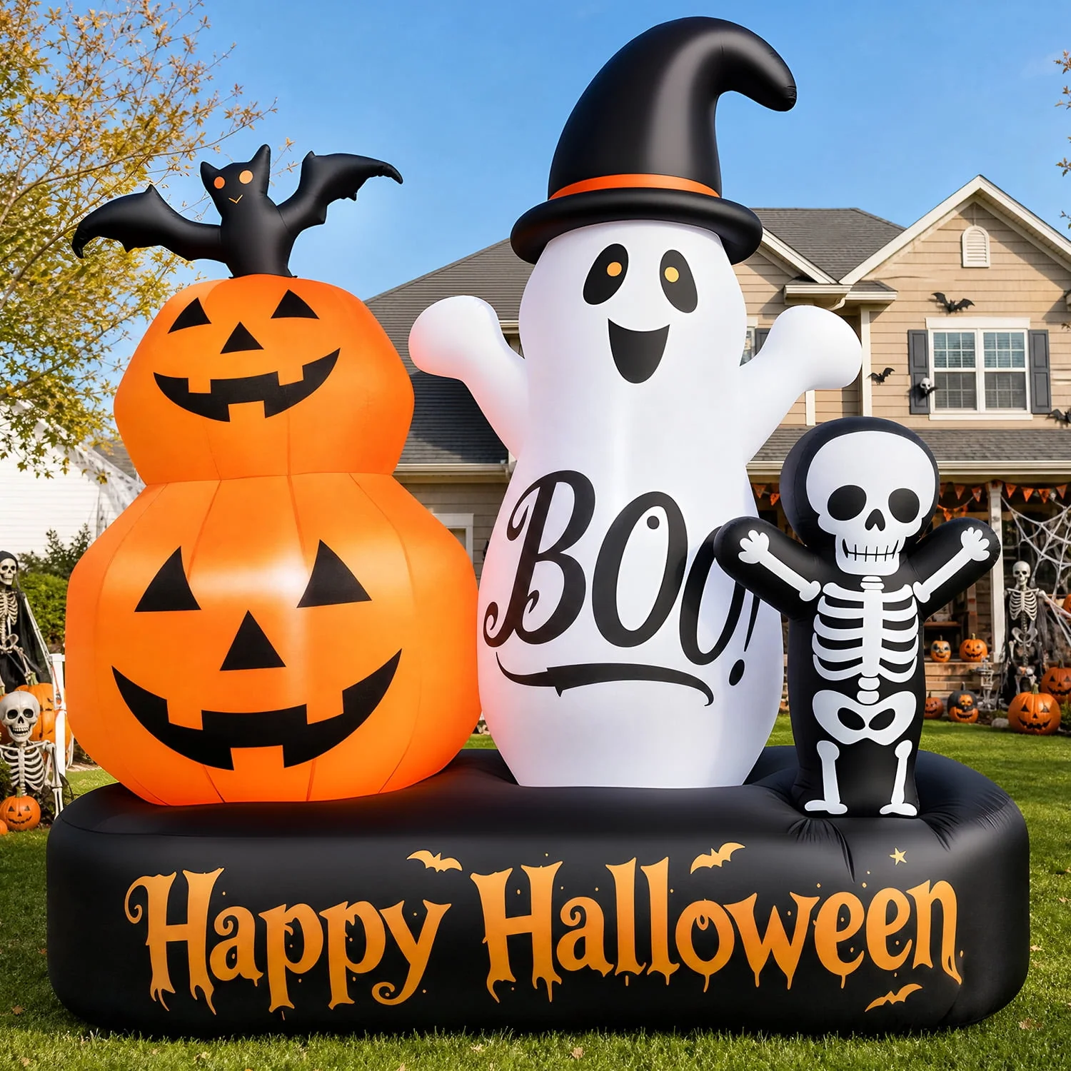 6ft Halloween Inflatable Outdoor Decorations, Lighted Pumpkin Ghost Skeleton with Bat, Built-in LED Lights, Blow Up Halloween Yard Decoration for Lawn, Porch & Party - Image 2 6ft Halloween Inflatable Outdoor Decorations, Lighted Pumpkin Ghost Skeleton with Bat, Built-in LED Lights, Blow Up Halloween Yard Decoration for Lawn, Porch & Party - Image 2