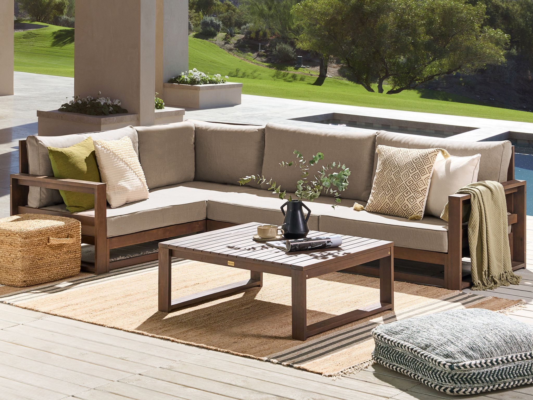Garden Corner Sofa with Table 4 Seater TIMOR Right Hand Modular Certified Acacia Wood Dark Brown