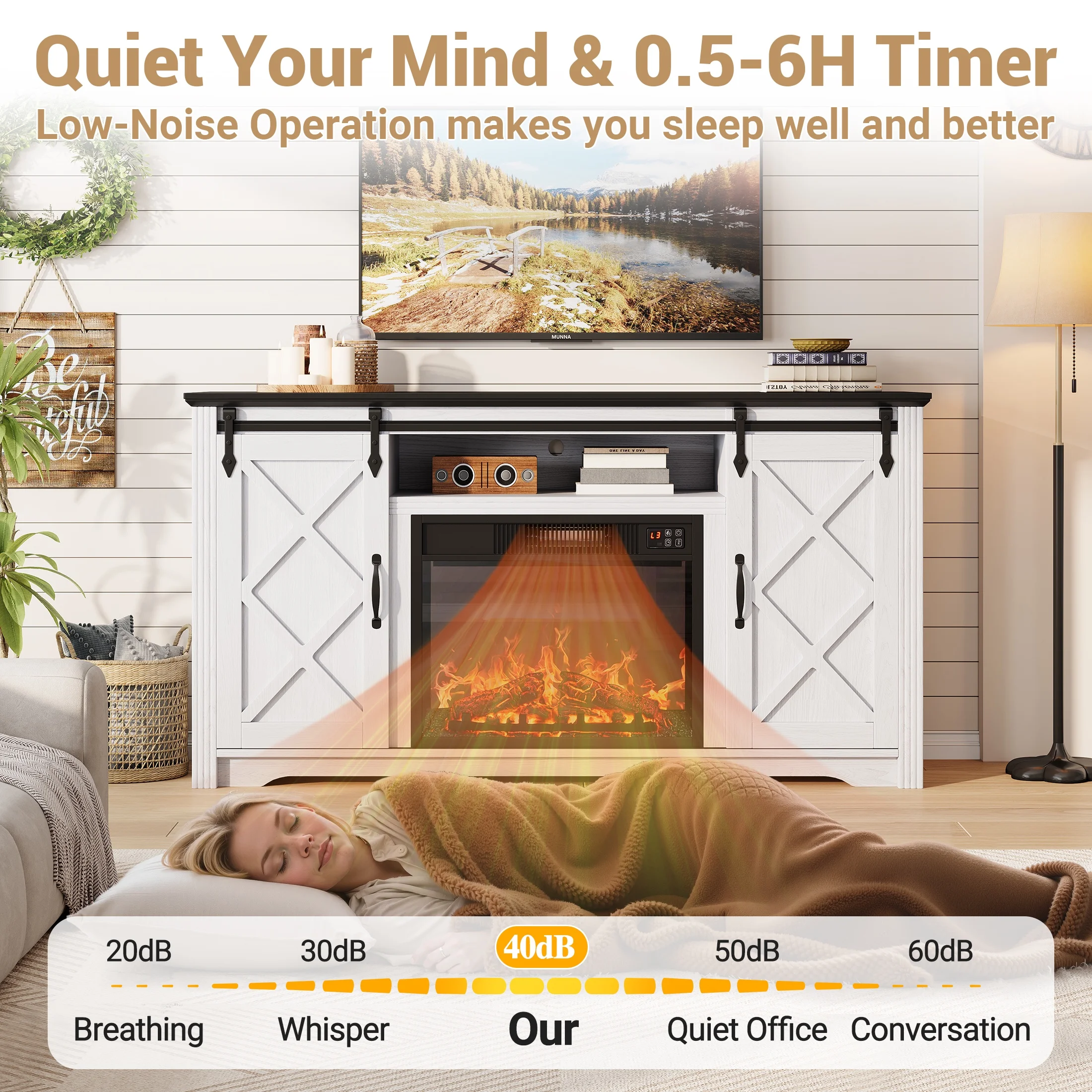 UHOMEPRO Fireplace TV Stand for 65 Inch TV, 30'' Tall Highboy Farmhouse Entertainment Center w/ 23'' Electric Fireplace Heater with 2 Drawers & Sliding Barn Door for Living Room, White+Black