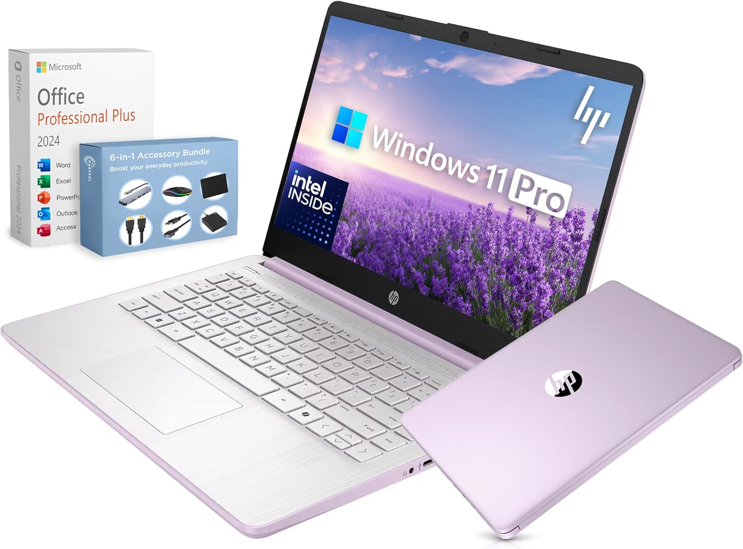 HP 14” Ultra Light Thin Laptop Computer 2026 Premium, MS Office, Copilot AI, 4-Core Intel CPU, 4GB DDR5 RAM, 628GB Storage (128GB UFS+500GB Ext), Long Battery, MarxsolAccessory, Win 11 Pro, Lavender
