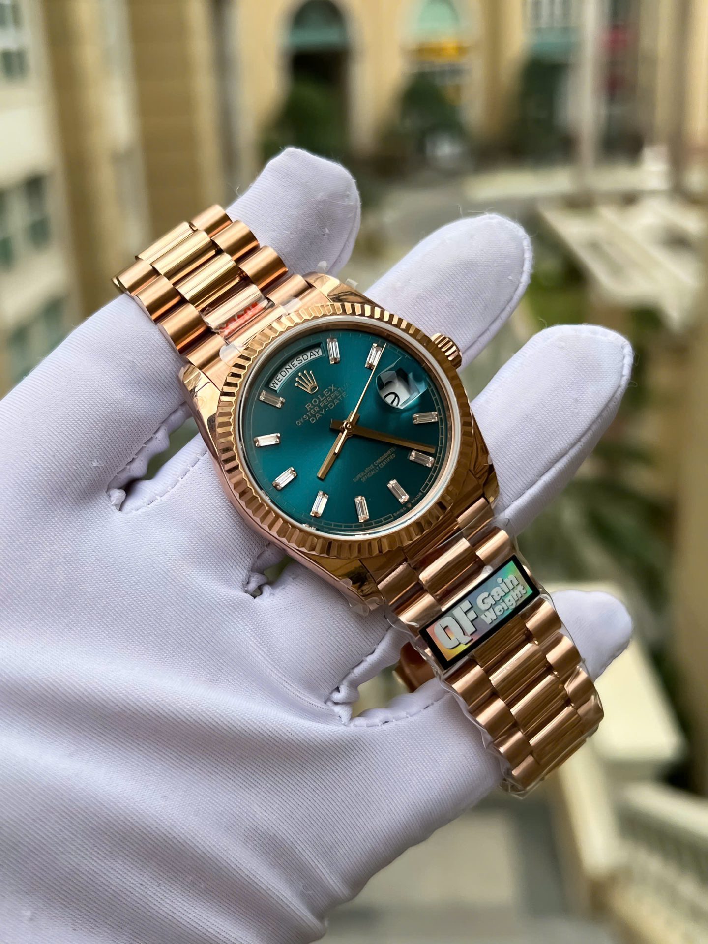 Rolex Day-Date 128235 Replica Watch Dial Diamonds Moissanite Weight 158gram QF 36mm - Elite Watch Atelier