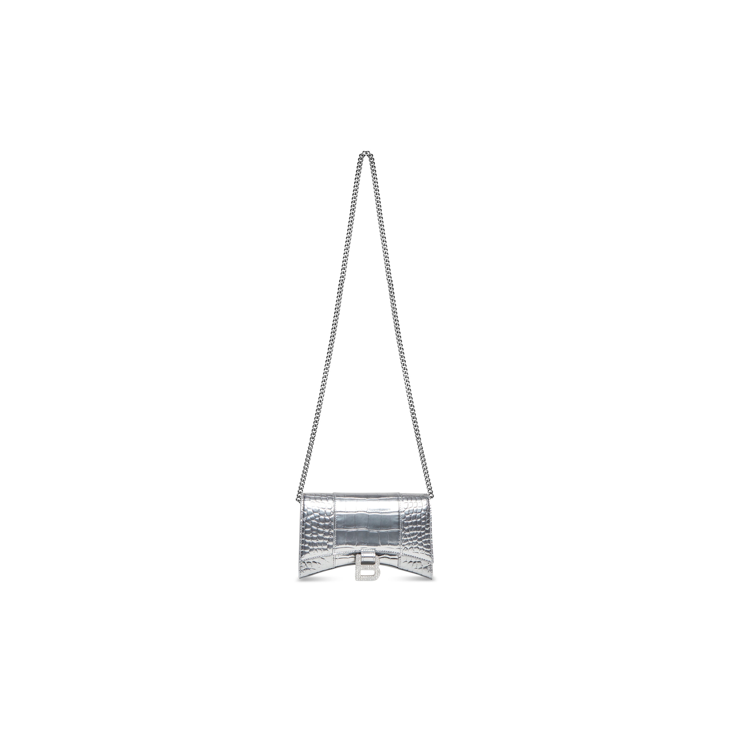 WOMEN'S HOURGLASS WALLET ON CHAIN METALLIZED CROCODILE EMBOSSED WITH RHINESTONES IN SILVER - Replicaclubs