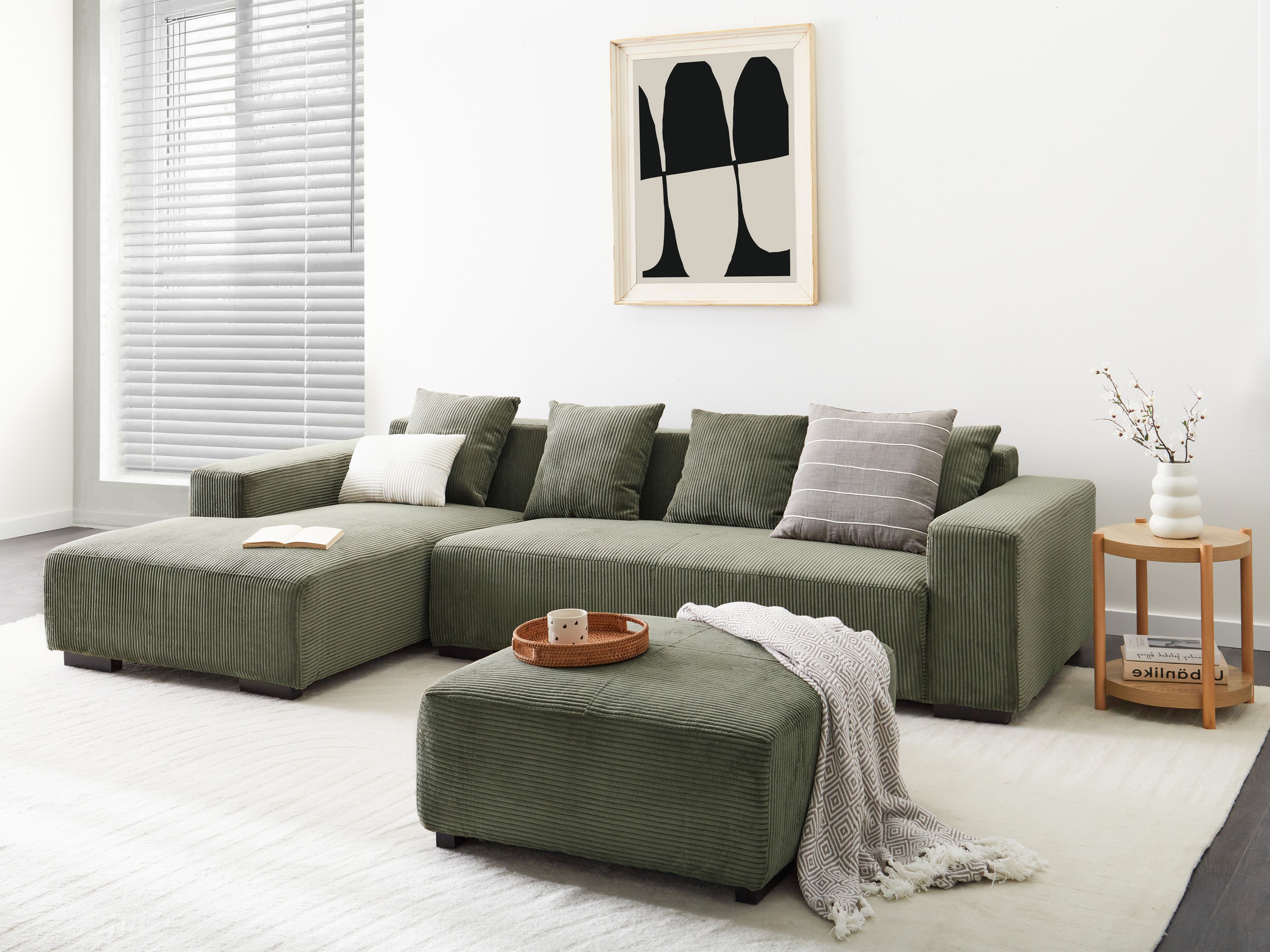 Corner Sofa 4 Seater LUNGO Corduroy Green with Ottoman Right Hand