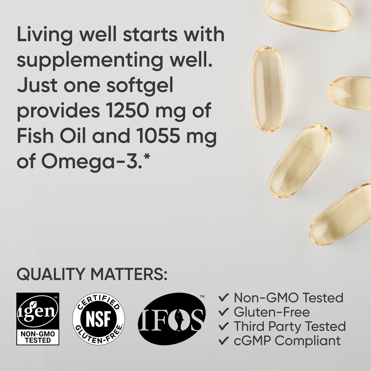 Image of Omega-3 softgels with text, "Living well starts with supplementing well. Just one softgel provides 1250 milligrams of fish oil and 1055 milligrams of omega-3." Three icons of IGEN Non-GMO Tested, Certified Gluten-Free by NSF, and IFOS with the words "Quality Matters" and checkmarks next to Non-GMO Tested, Gluten-Free, Third-Party Tested, and cGMP Compliant.
