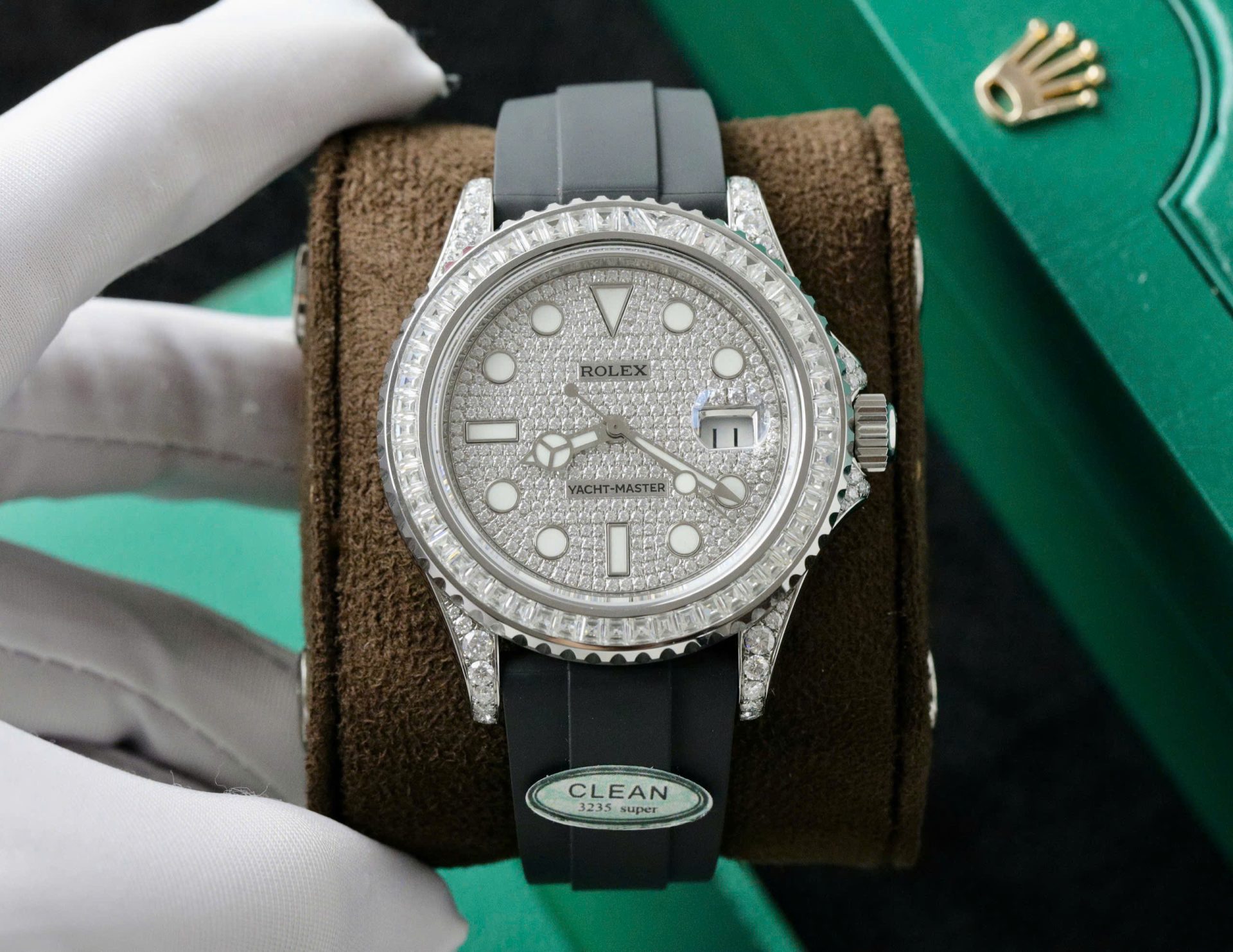 Rolex Yacht-Master Replica Watch Full Diamond Moissanite Rubber Strap 42mm - Elite Watch Atelier
