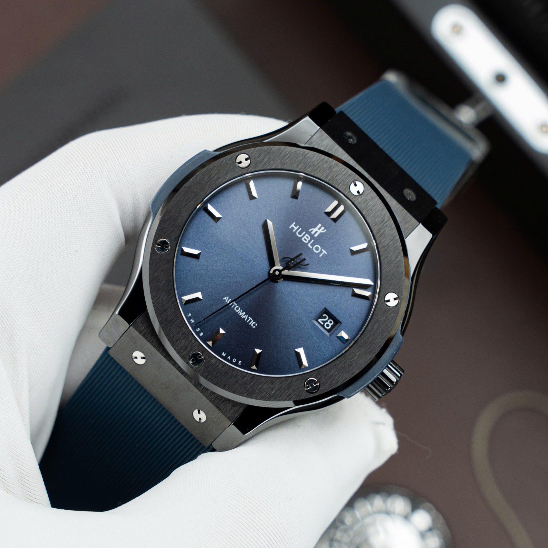 Hublot Classic Fusion Ceramic Copies Watch Blue Dial Rubber Strap 42mm - Elite Watch Atelier