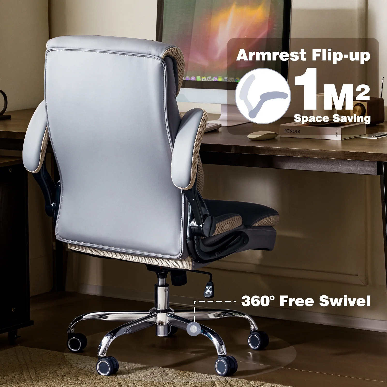 Big and Tall Office Chair, Wide Seat Executive Office Chair with Dual Thick Cushion, Ergonomic Computer Desk Chair, Adjustable Task Chair for Home, Office. Gray