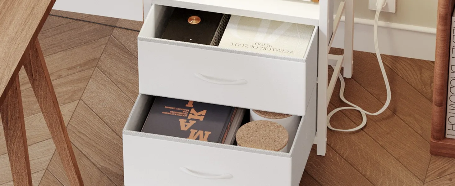 White LED Nightstand 2 Fabric Drawers Storage Organization