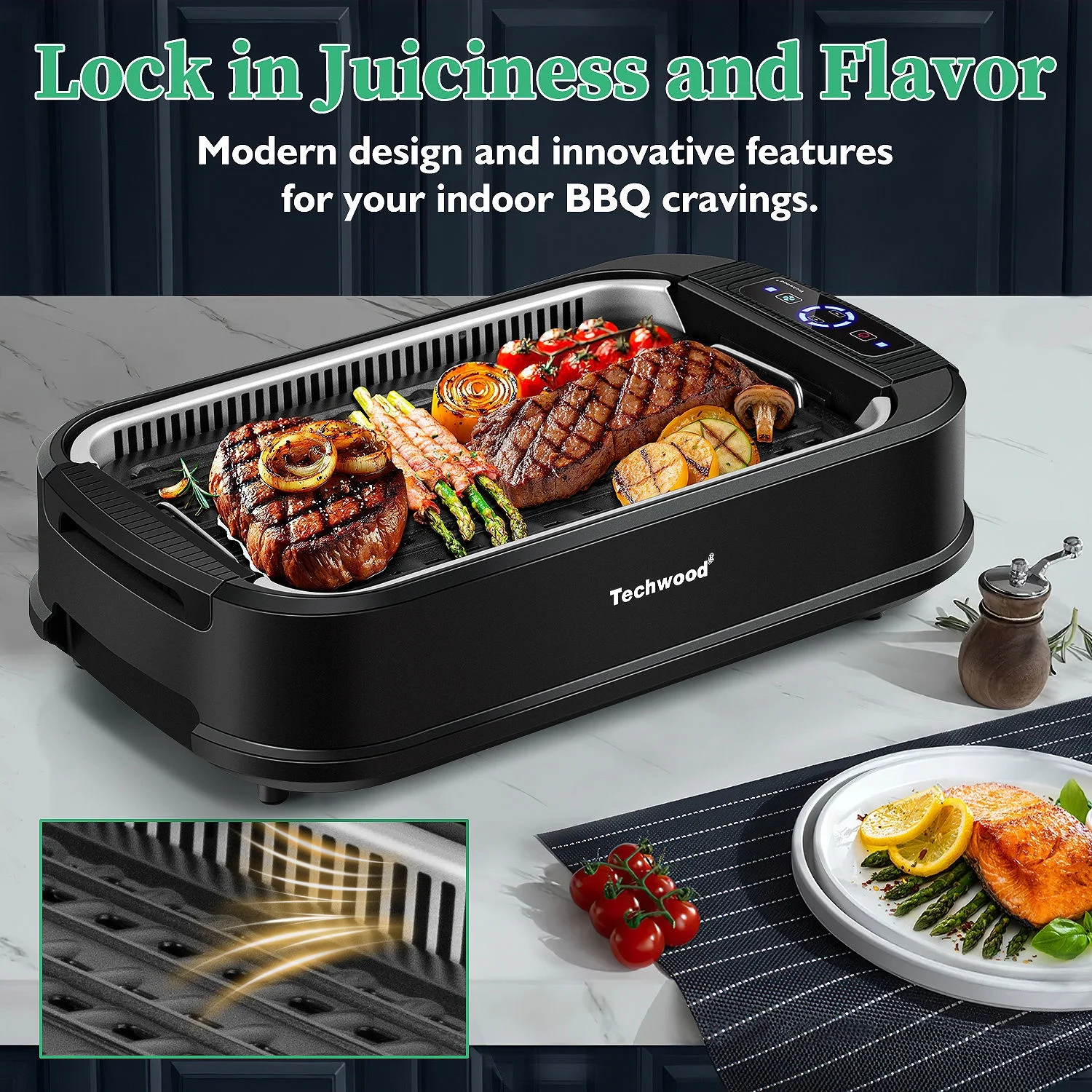Techwood Indoor Smokeless Grill, 1500W, Black, Electric Portable Korean BBQ Grill with Tempered Glass Lid - Image 12
