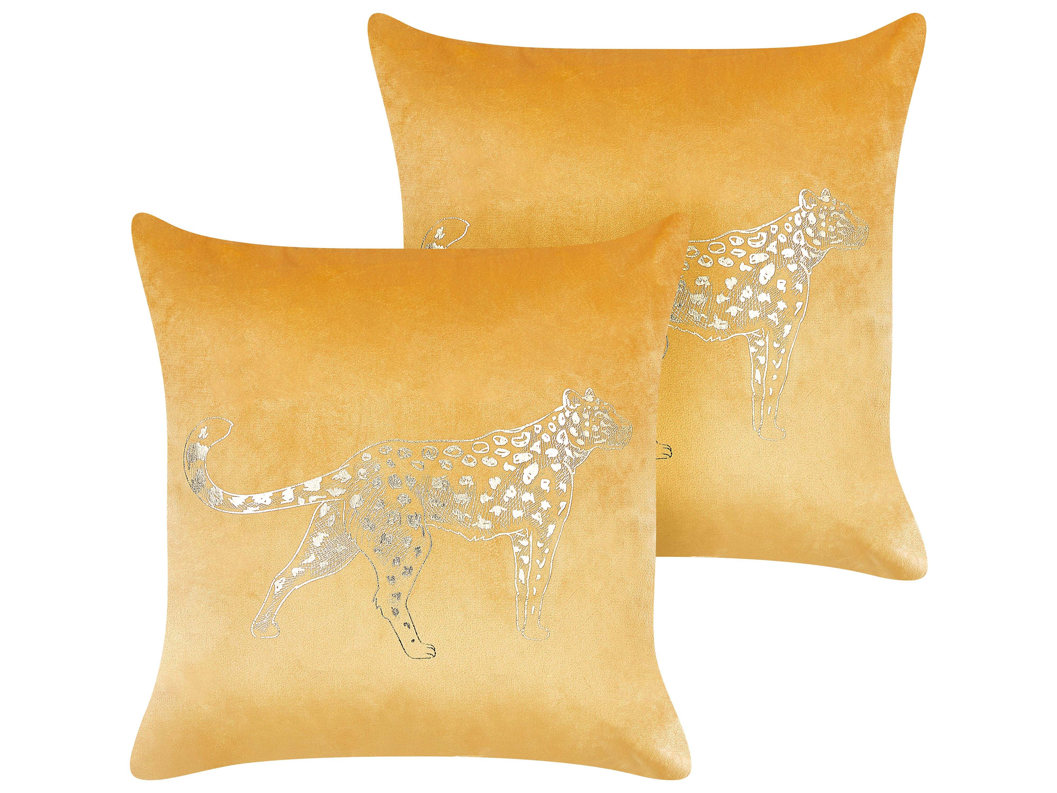 Set of 2 Decorative Cushions MARULA Velvet 45 x 45 cm Mustard Animal Pattern