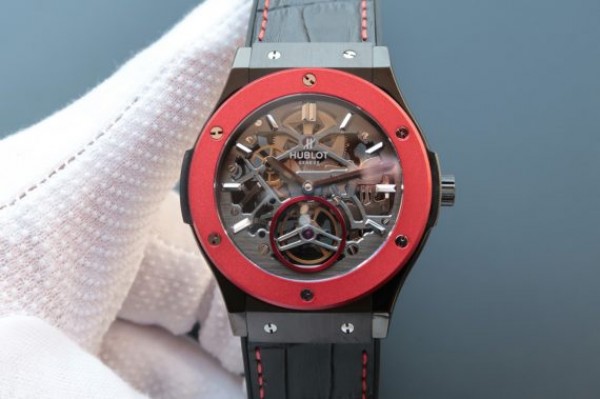 Replica Hublot Classic Fusion Tourbillon 45mm TF Red Bezel Skeleton Dial Black Gummy Strap A23J - Top club