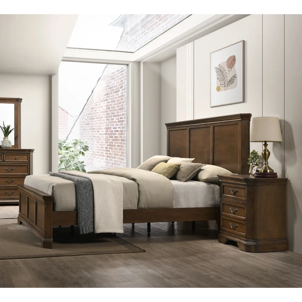 Maderne Traditional 3-Piece Wood Bedroom Set with King Size Panel Bed and Two Nightstands