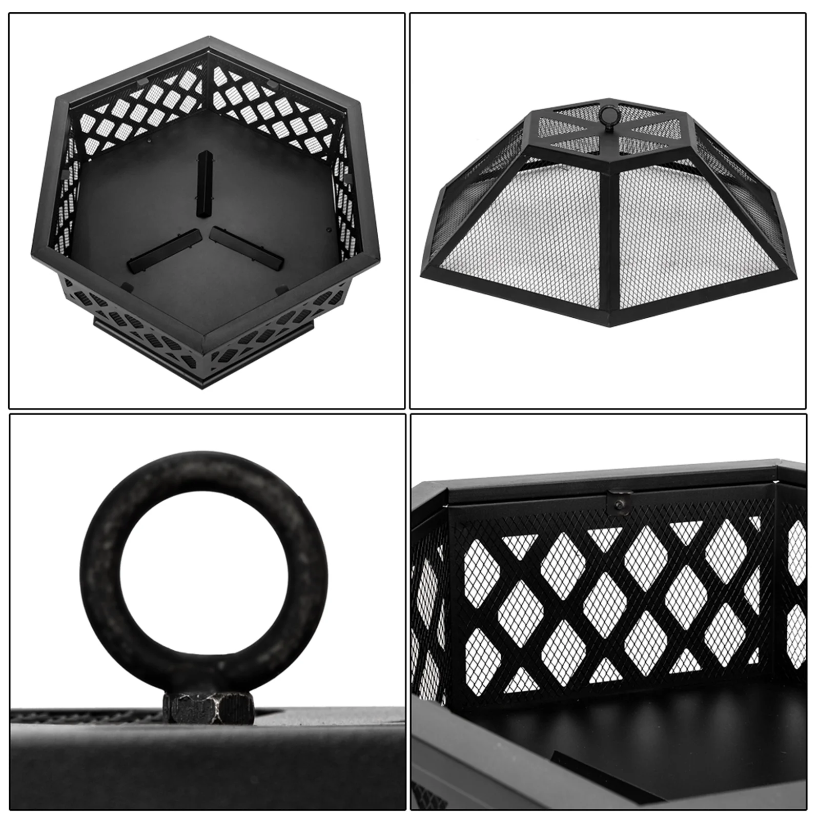 Outdoor Wood Burning Fire Pit, 24" Hexagon Metal Fire Pit for Patio with Poker, Spark Screen, Hex Shaped Fire Pit BBQ Grill, Garden Firepit Stove for Camping Picnic Bonfire Backyard, JA2419 - Image 4