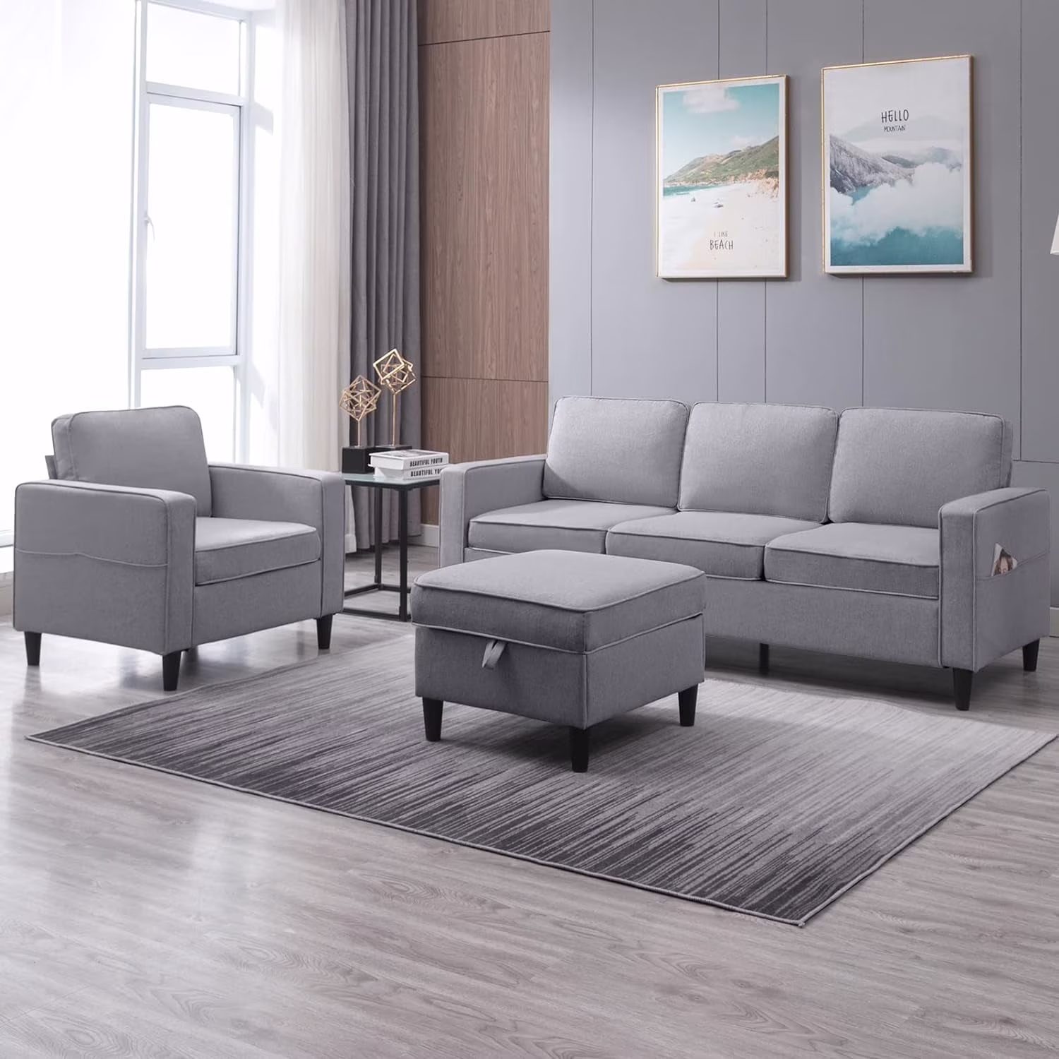 ijuicy Sectional Sofa Set,3PCS Living Room Furniture Couch Sets with Movable Storage Ottoman & Side Pockets,Include Sofa,Loveseat&Chair,Dark Gray - Image 3