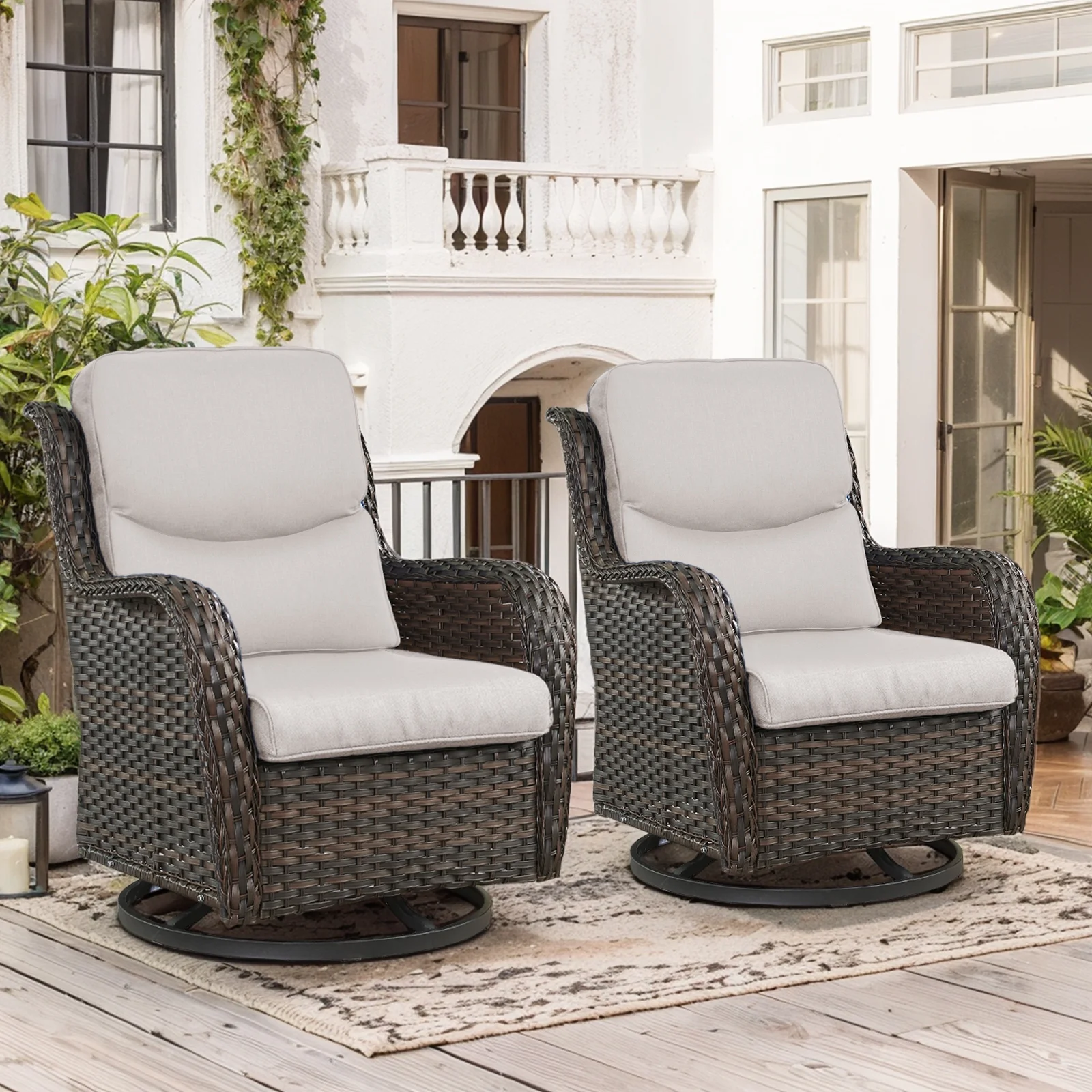 POCASSY Patio Swivel Chairs, Outdoor Wicker Swivel Glider Rocking Chairs with High Back and Thick Cushions for Porch Deck - Set of 2, Beige - Image 2