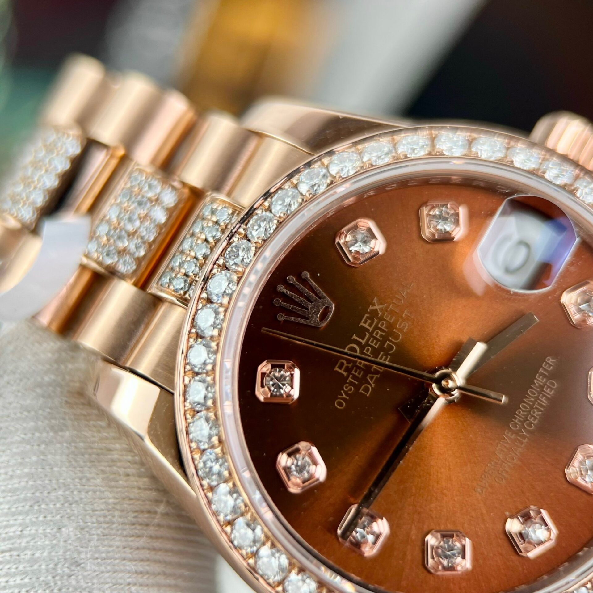 Rolex DateJust Gold Wrapped Moissanite Replica Watch With Chocolate Dial 31mm - Top club