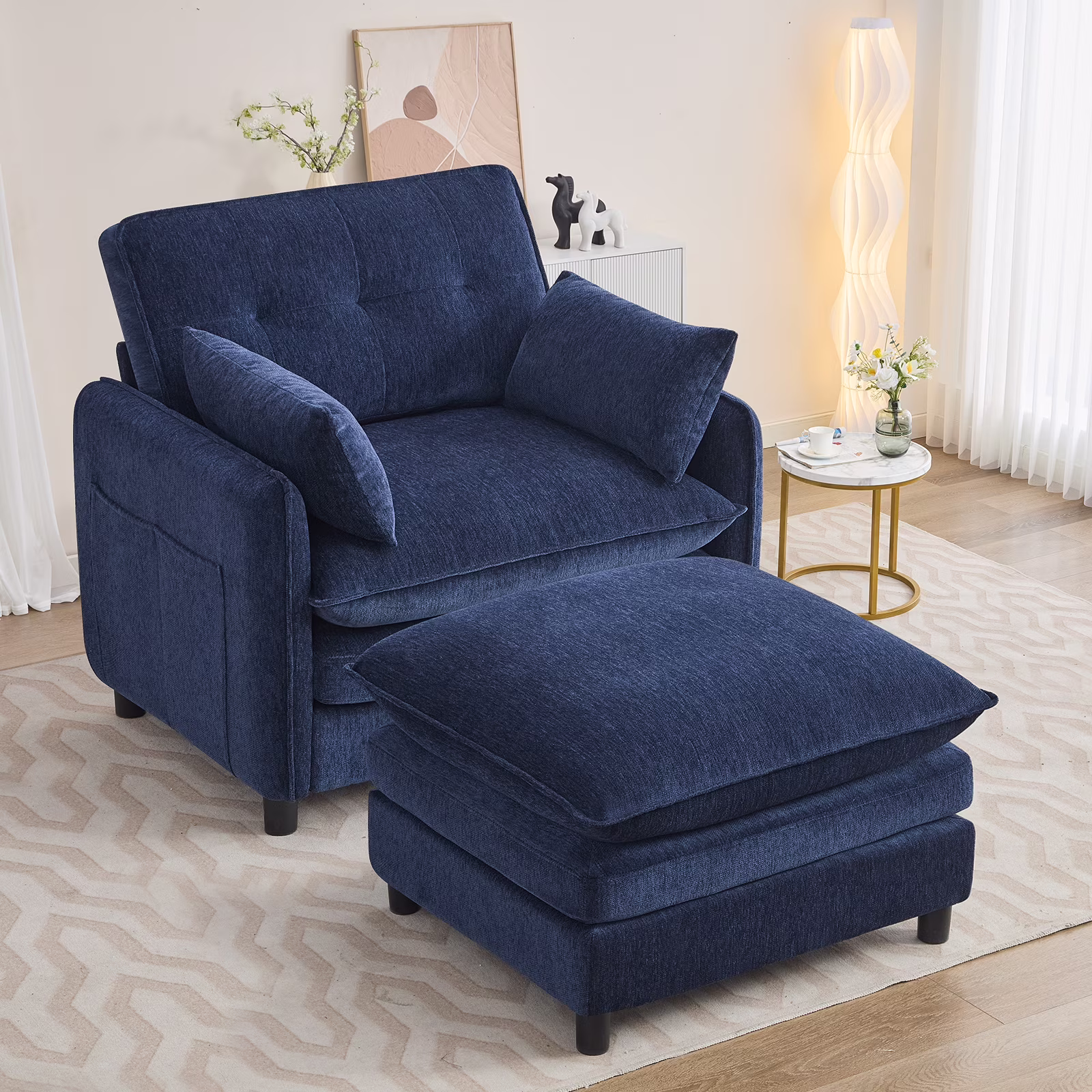 Aemeios Upholstered Chenille OversizedAccent Armchairs with Ottoman and Side Pocket, Cream - Image 7