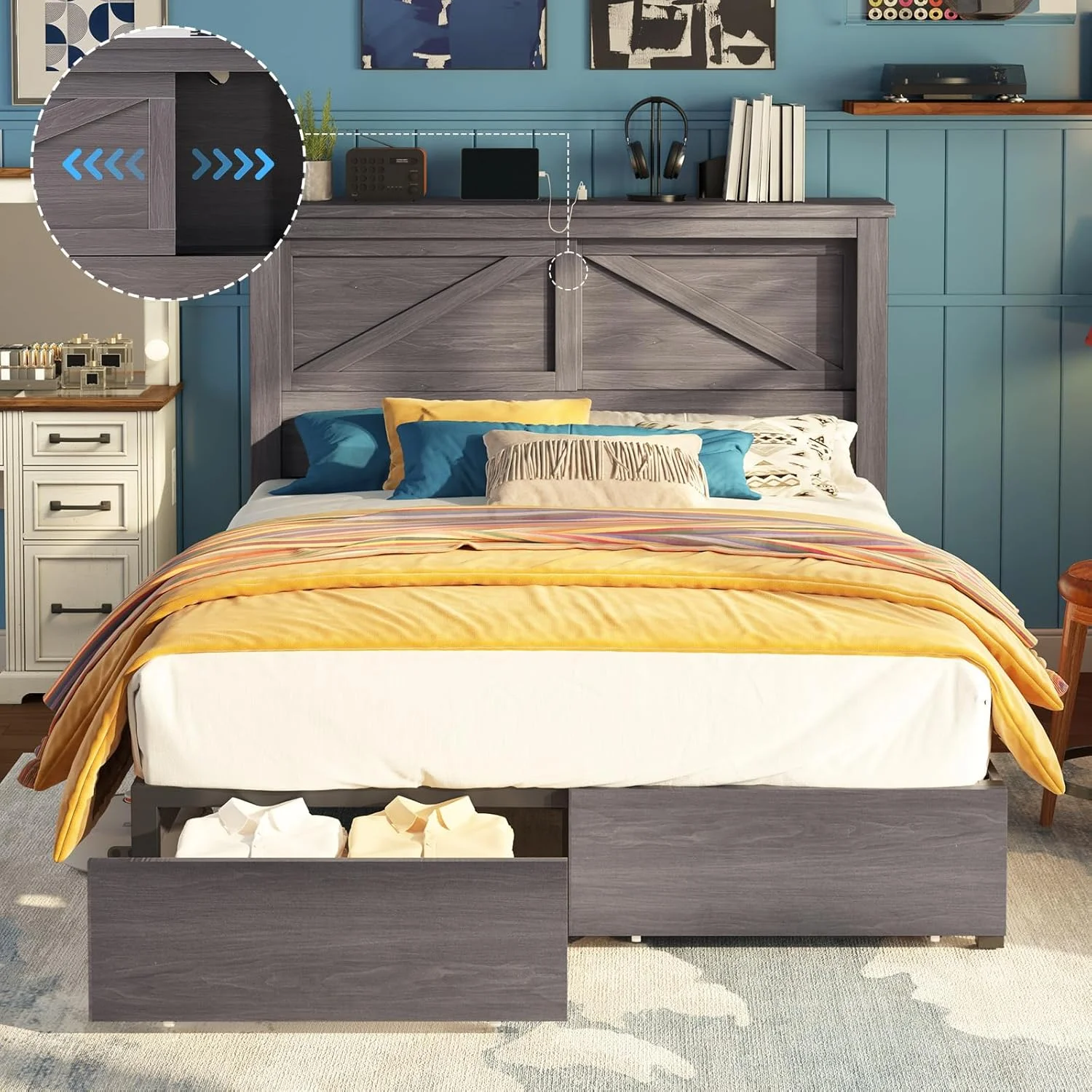Papajet Full Bed Frame with Bookcase Headboard & Charging Station, 2 Storage Drawers, Grey
