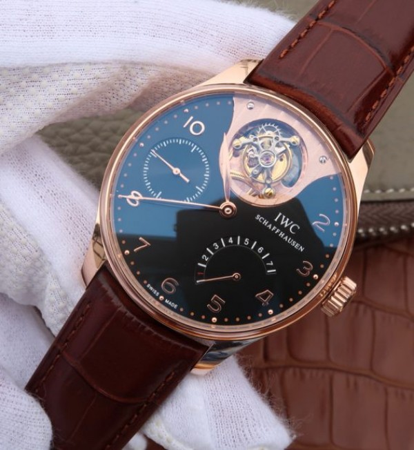 Replica IWC AZ Portuguese Tourbillon IW5042 RG Black Dial Leather Strap - Elite Watch Atelier