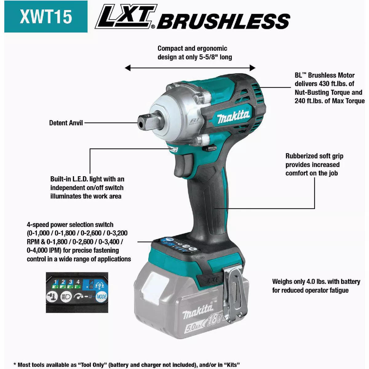 Makita 18V LXT Lithium-Ion Brushless 1/2 In. 4-Speed Cordless Impact Wrench with Detent Anvil (Tool Only)