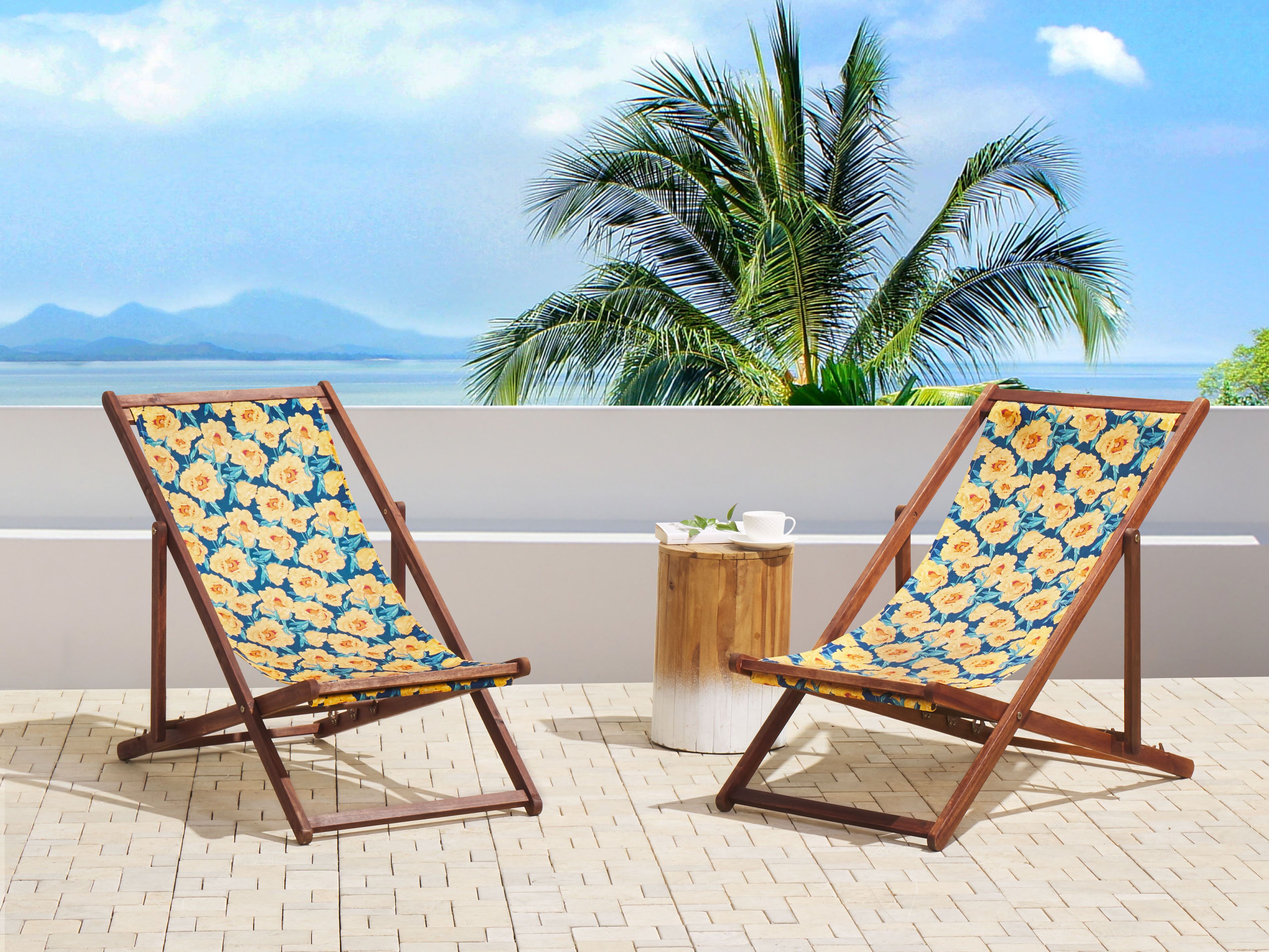 Set of 2 Folding Deck Chairs ANZIO with Replacement Fabrics Floral Motif Acacia Wood Dark Brown