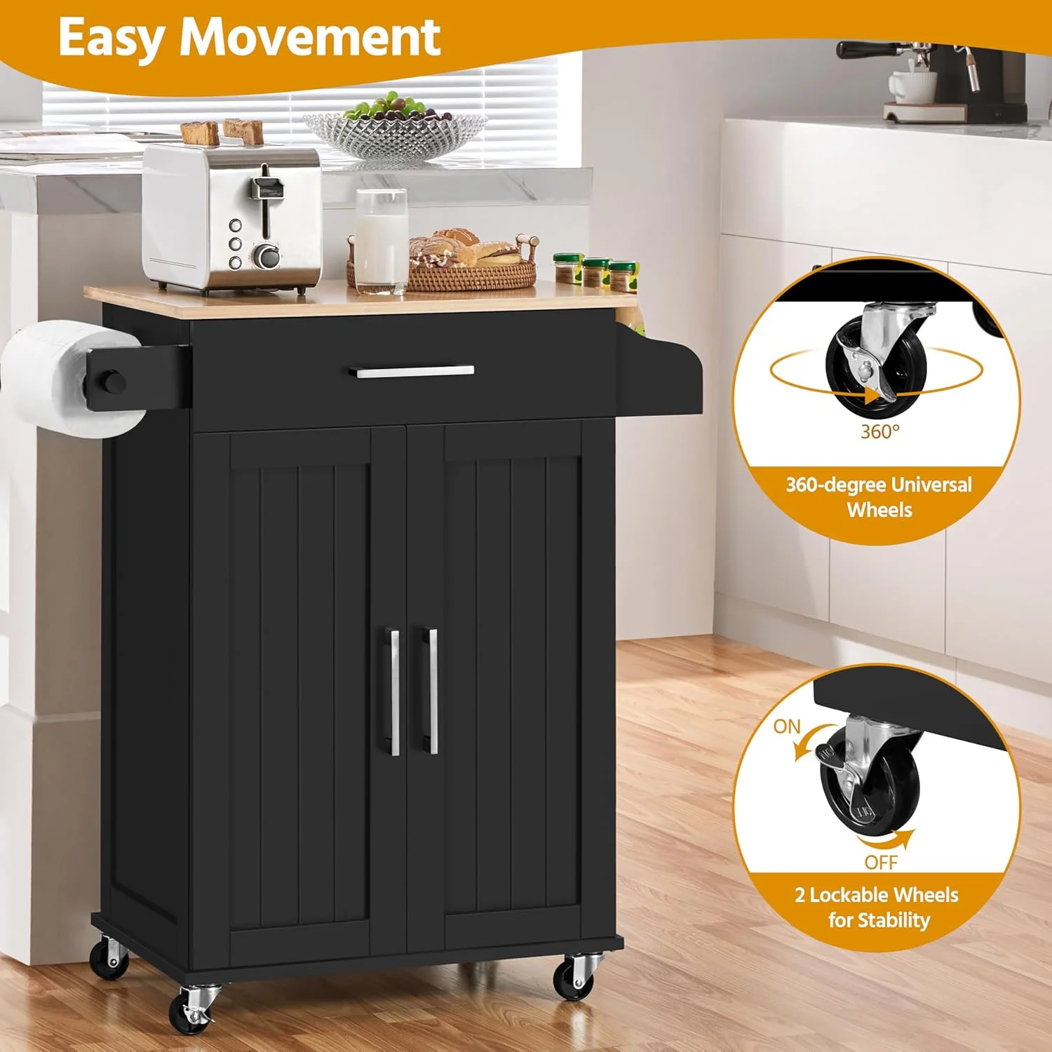 HXYHJ Kitchen Island on Wheels with Storage Cabinet, Rolling Kitchen Cart with Bamboo Top & Drawer & Spice Rack Towel Bar, Microwave Stand Cart for Kitchen/Dining Room, Black - Image 7
