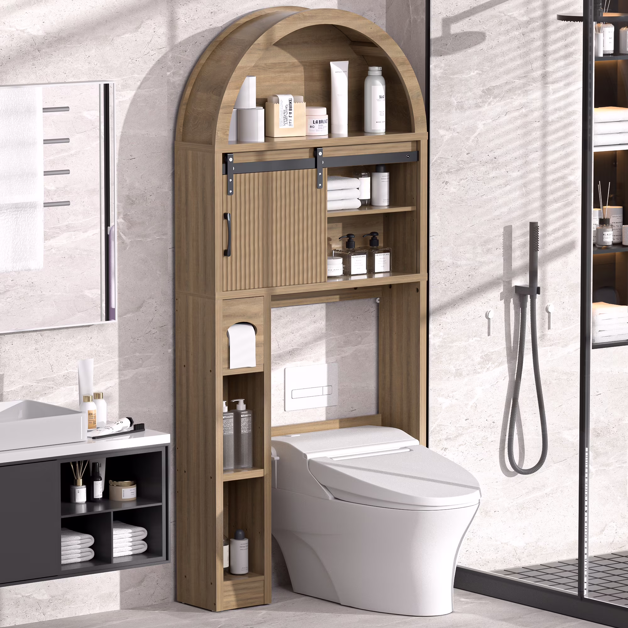 HARIPUL Over The Toilet Storage Cabinet w/ Unique Wood Grain & Arc Design, Freestanding Bathroom Shelf Organizer Space Saver w/ Doors & Anti-Tip Device, Wood Color - Image 18