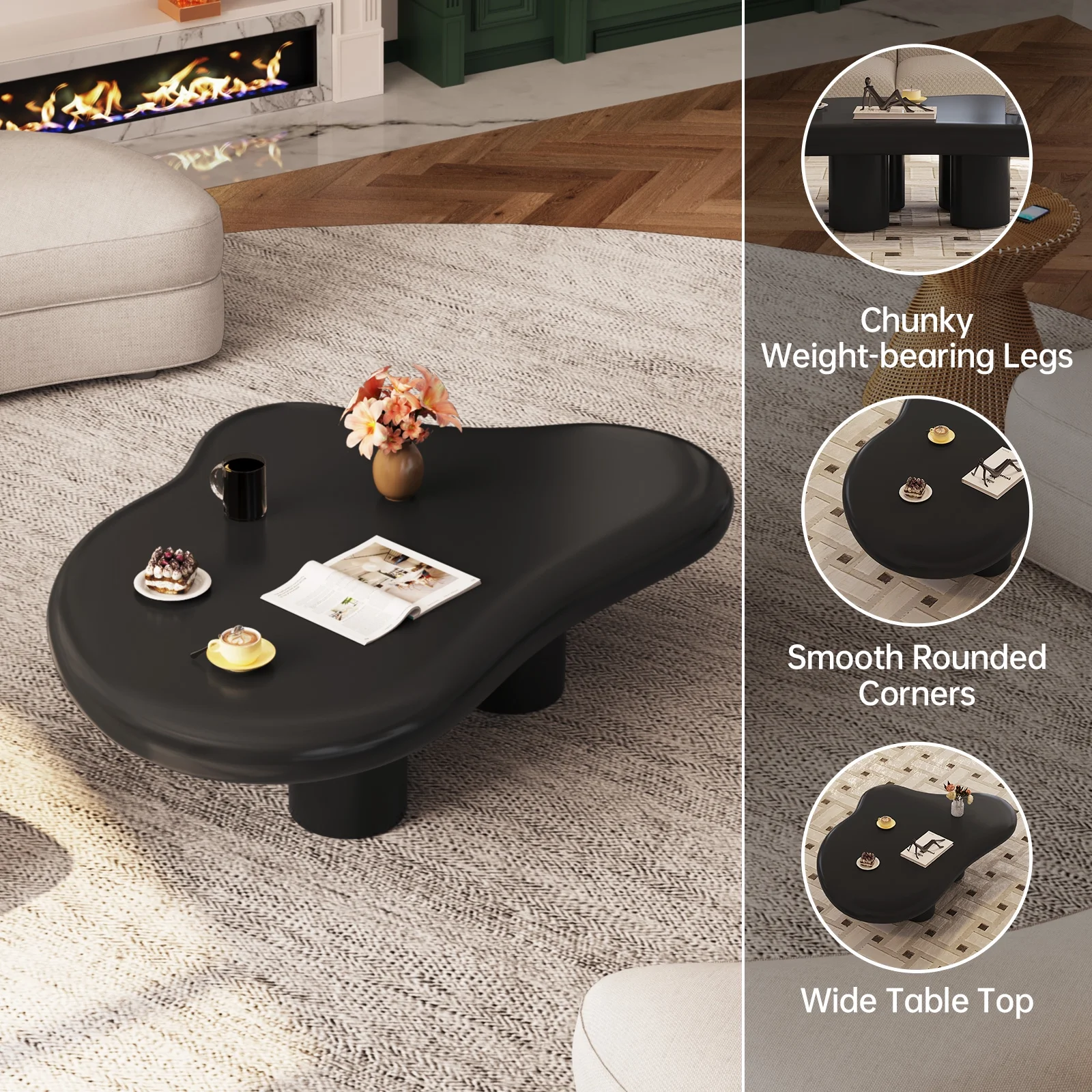 Guyii Cream White Coffee Table with 4 Legs, Irregular Side Table, Modern Wood Tea Table for Living Room, Apartment, Office - Image 13