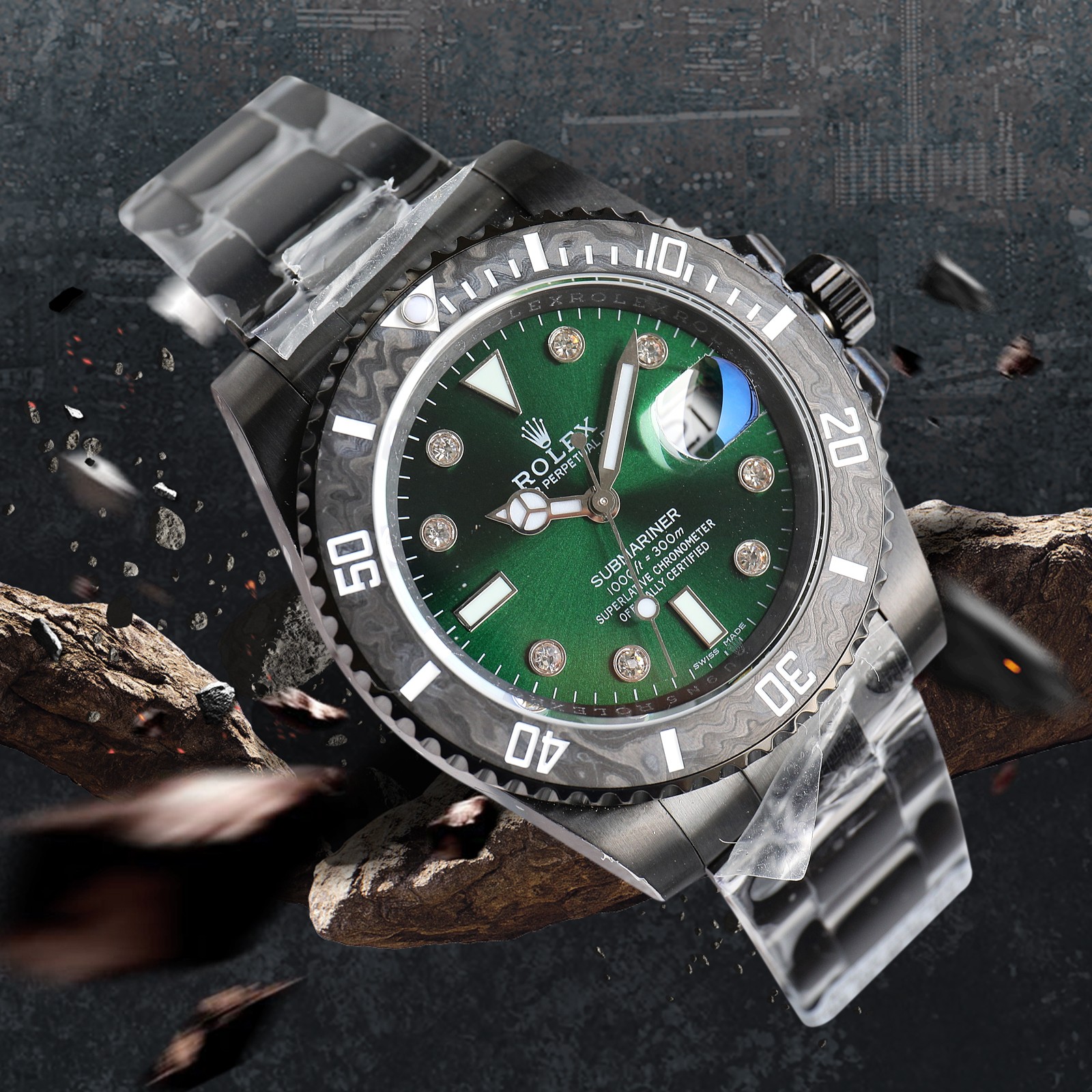 ROLEX Rolex Customized Submariner-Diamond Dial-Carbon Fiber Bezel-Black Green(1:1 replica) - Elite Watch Atelier