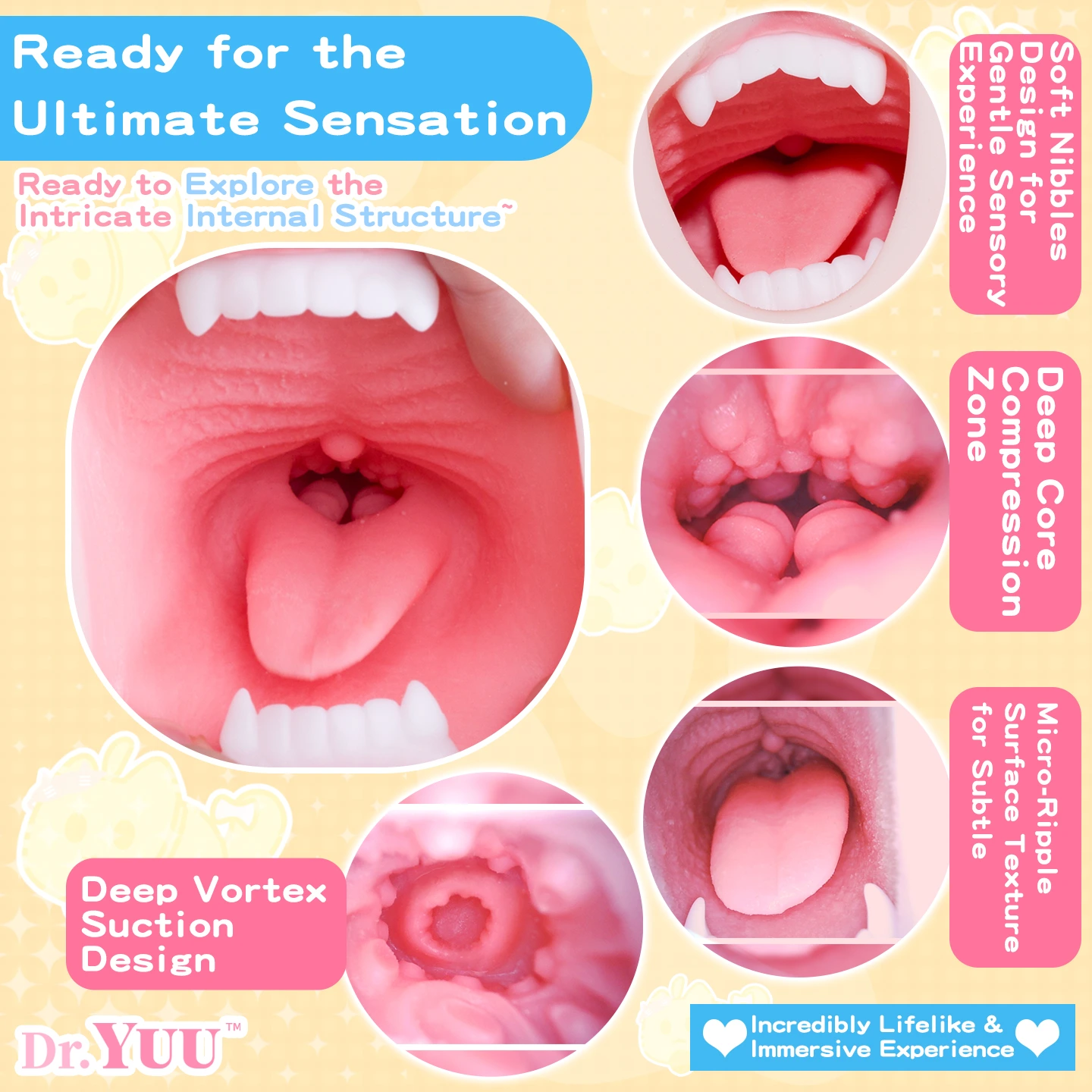Detailed look at the narrow throat tunnel inside the Dr.YUU realistic oral masturbator.