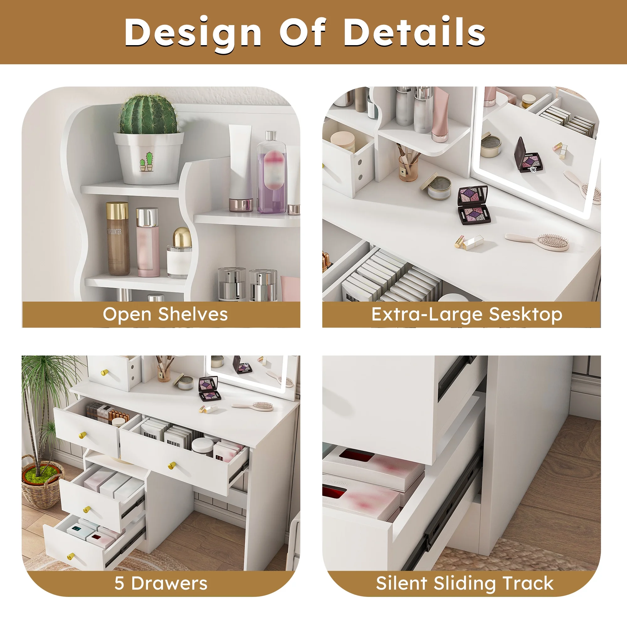 Montary Modern Mini Vanity w/Adjustable LED Mirror + Hidden Storage, Padded Stool & Dustproof Shelves (White) - Image 41