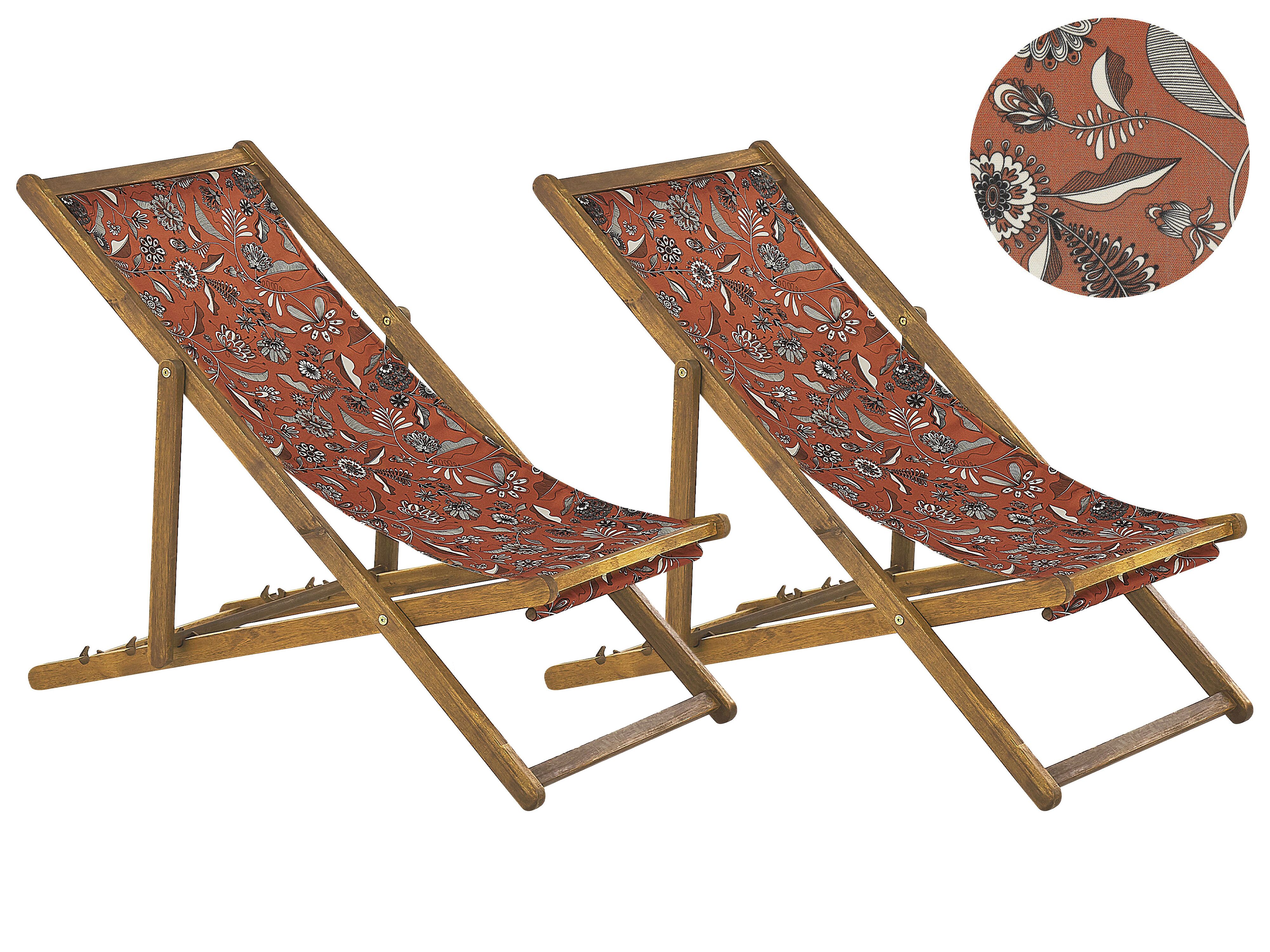Set of 2 Folding Deck Chairs ANZIO with Replacement Fabrics Floral Motif Acacia Wood Light Brown