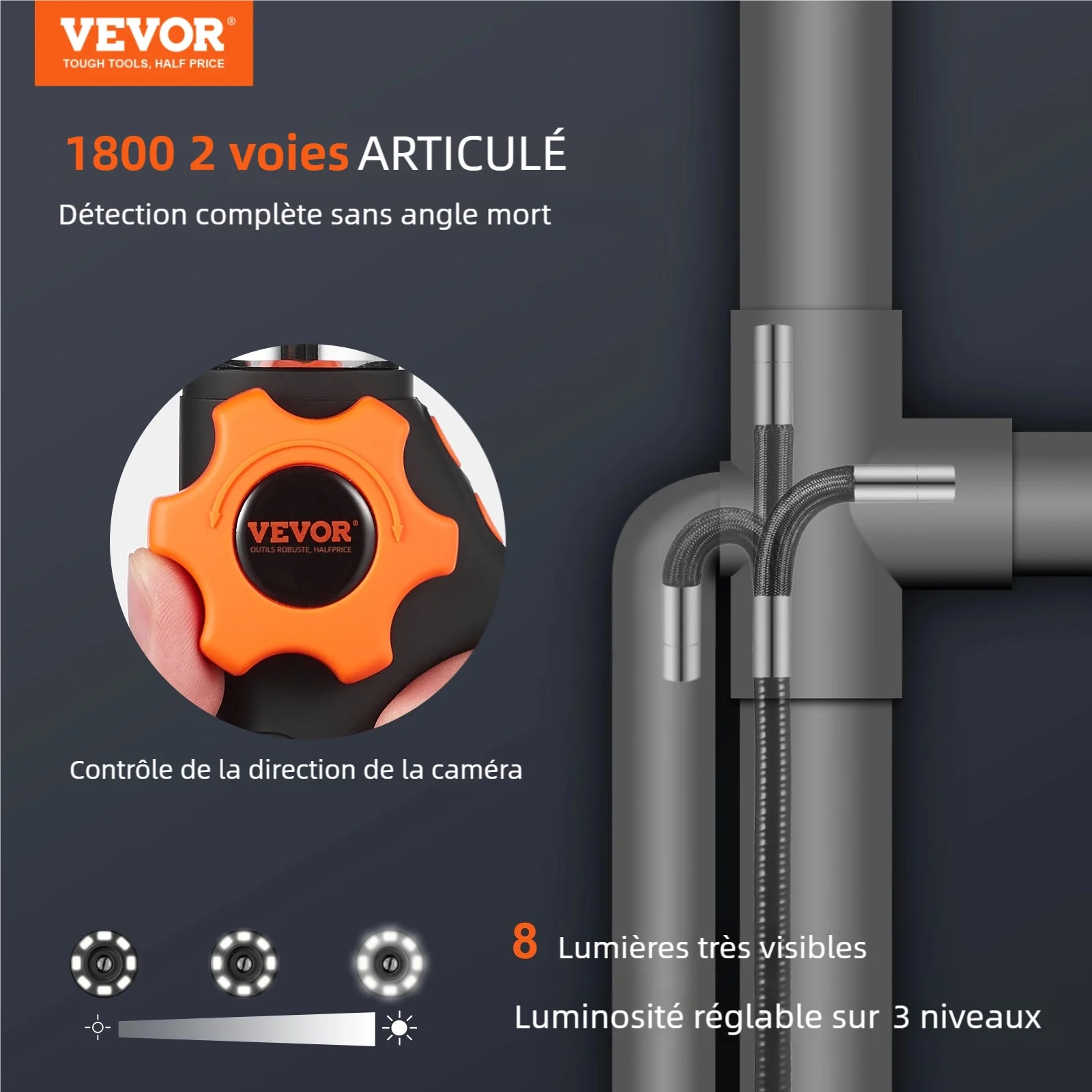 VEVOR Flexible Borescope Camera, Dual-Articulation Endoscope with 6.4mm Slim Lens, 5-inch IPS HD Display, 8X Magnification, 8 LED Illumination Snake Camera for Car Maintenance, Plumbing