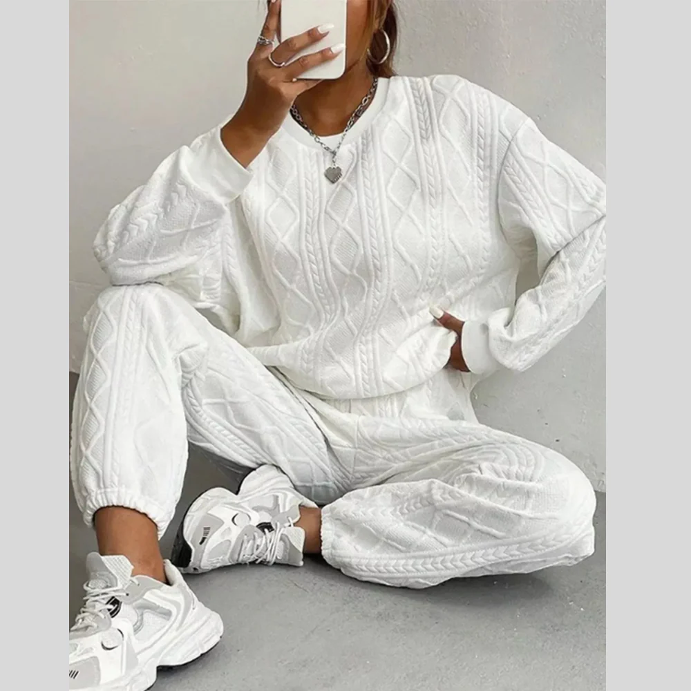 Texture Round Neck Top and Pants Set - ZKZOOK