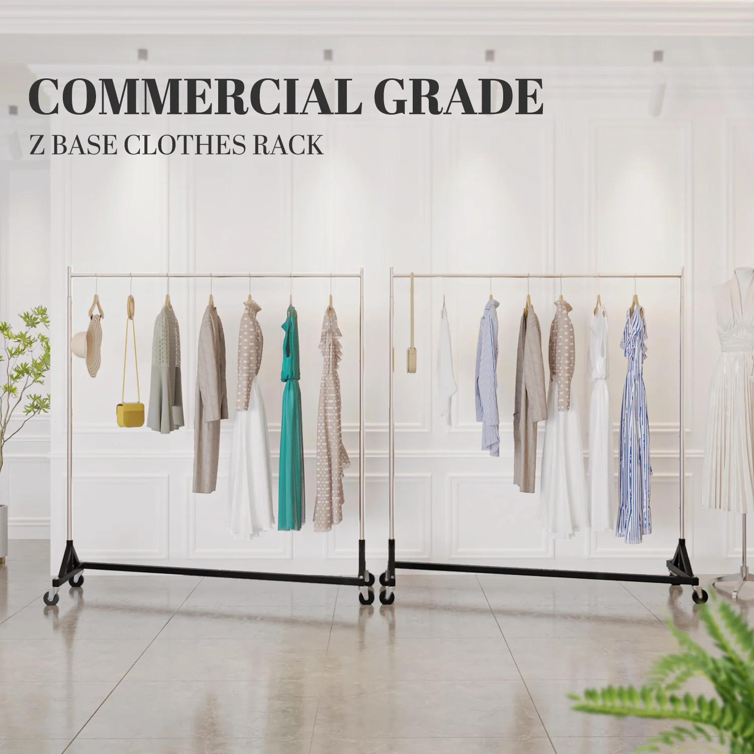 HOKEEPER 400LBS Commercial Z Base Garment Rack Heavy Duty Clothing Rack Height Adjustable Rolling Clothes Rack for Hanging Clothes Racks on Wheels Portable Z Rack Chrome Finish - Image 7