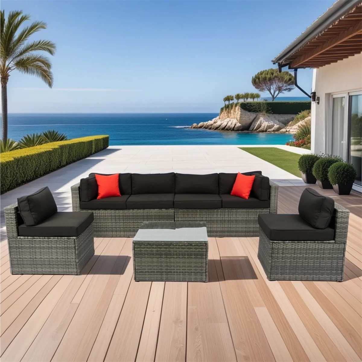 7 Piece Patio Furniture Sets Outdoor Sectional PE Rattan Outdoor Furniture Patio Conversation Set with Cushions and Glass Coffee Table, for Balcony Lawn and Garden, Gray - Image 4