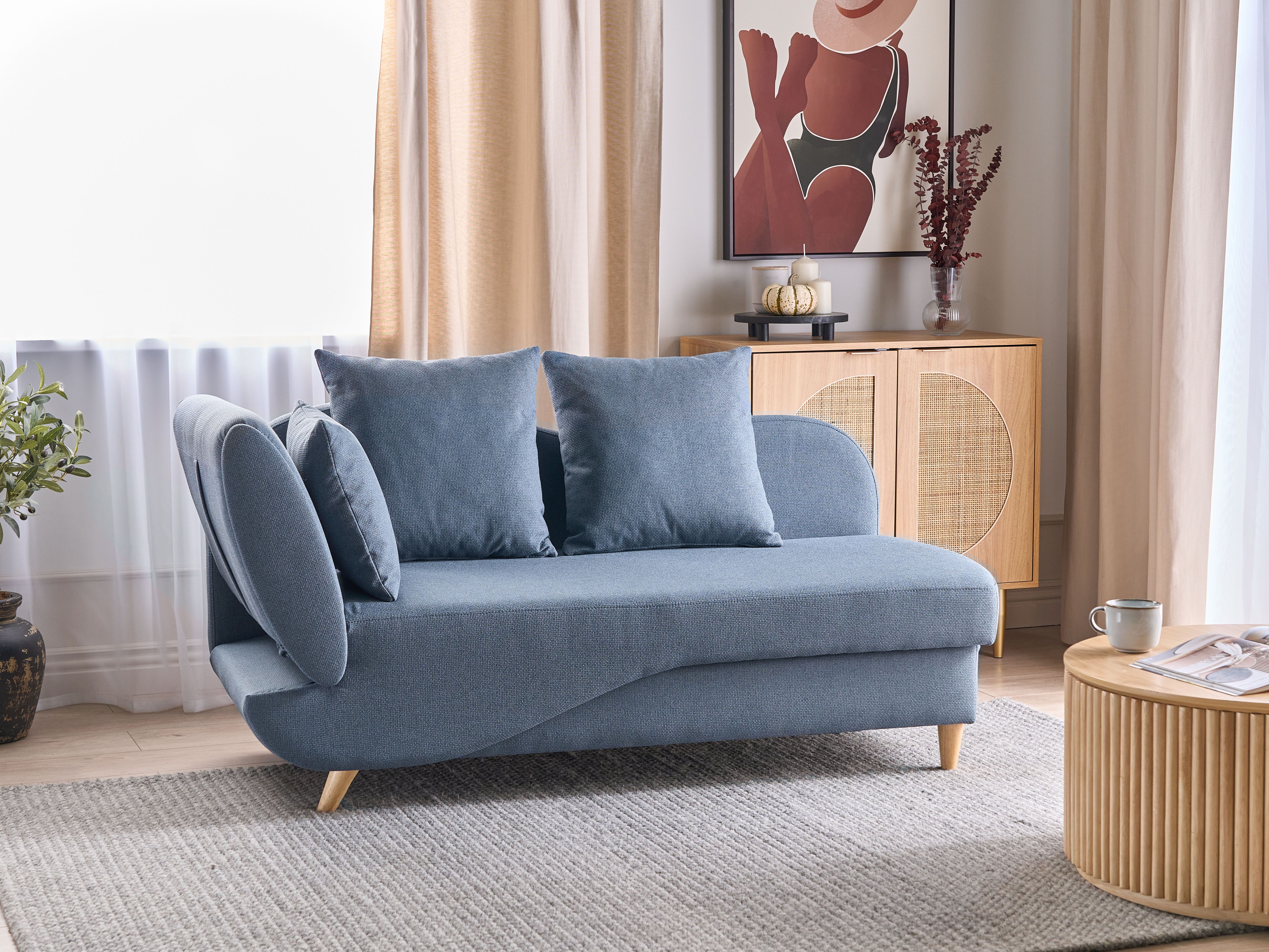 Left-Hand Chaise Lounge MERI Faux Linen Dark Blue with Storage