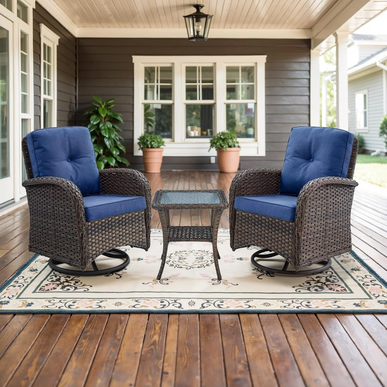 Belord 3-Piece Patio Swivel Rocking Chair Set With Side Table - Brown/Blue - Image 2 Belord 3-Piece Patio Swivel Rocking Chair Set With Side Table - Brown/Blue - Image 2
