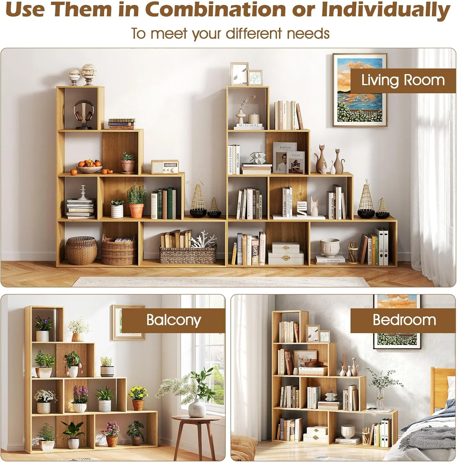 JTYUB 4-Tier Stepped Bookshelf, Freestanding 6 Cubes Ladder Bookcase with Anti-Tipping Kits, 64" Tall Modern Wooden Storage Display Rack for Home Office Living Room Study ,1 PCS,Natural - Image 11