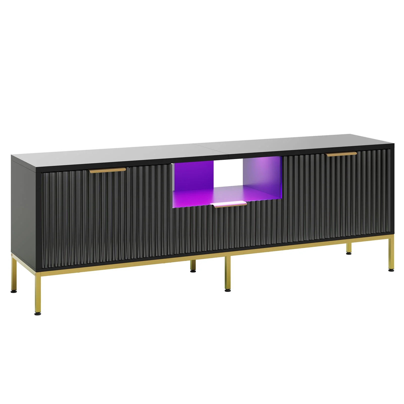 Bestier 55" LED TV Stand for TVs up to 60" Modern High Gloss Entertainment Center with Drawers Cabinets Fluted TV Console, White & Gold - Image 16
