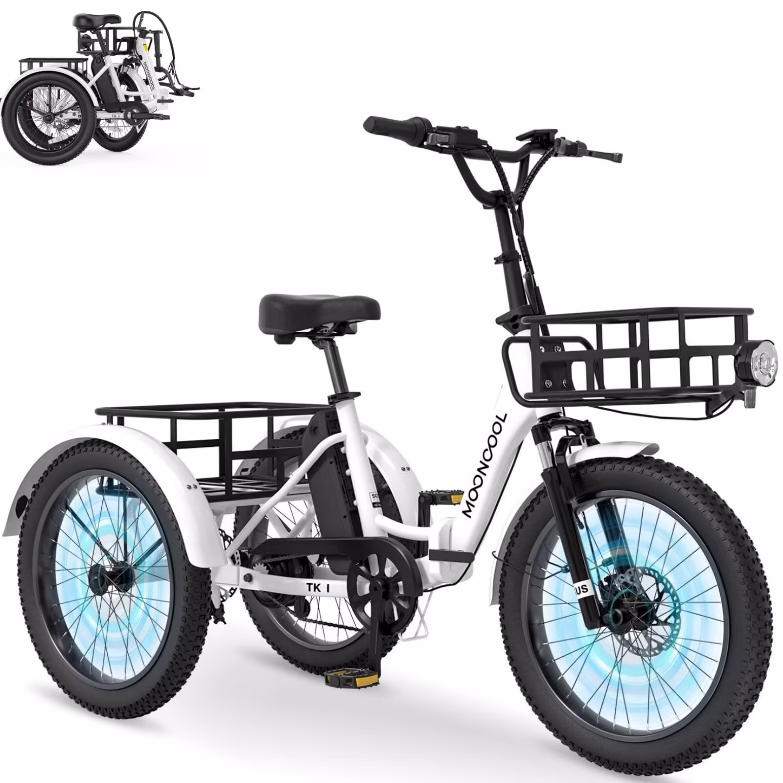 MOONCOOL TK1 Folding Electric Tricycle for Adults,48V 14.5Ah Removable battery, 500W(Peak 1000w)Motor, 20" Fat Tire Step-Thru 3Wheel Electric Bicycle w/Front&Rear Baskets, Certified to UL 2849 by SGS - Image 7