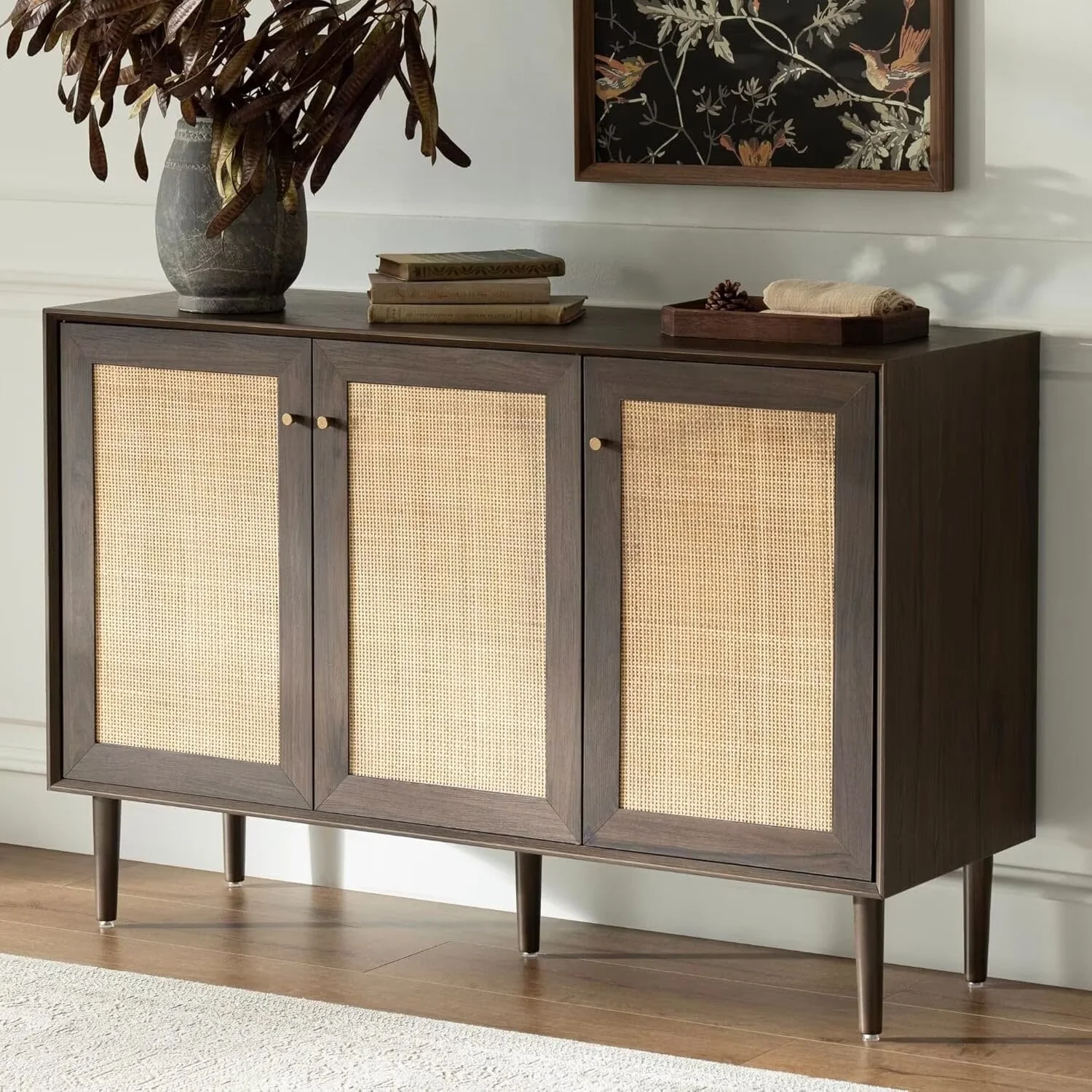 EYYTHUNG Farmhouse 3-Door Rattan Storage Cabinet, Solid Wood Entryway Buffet Sideboard - Image 13