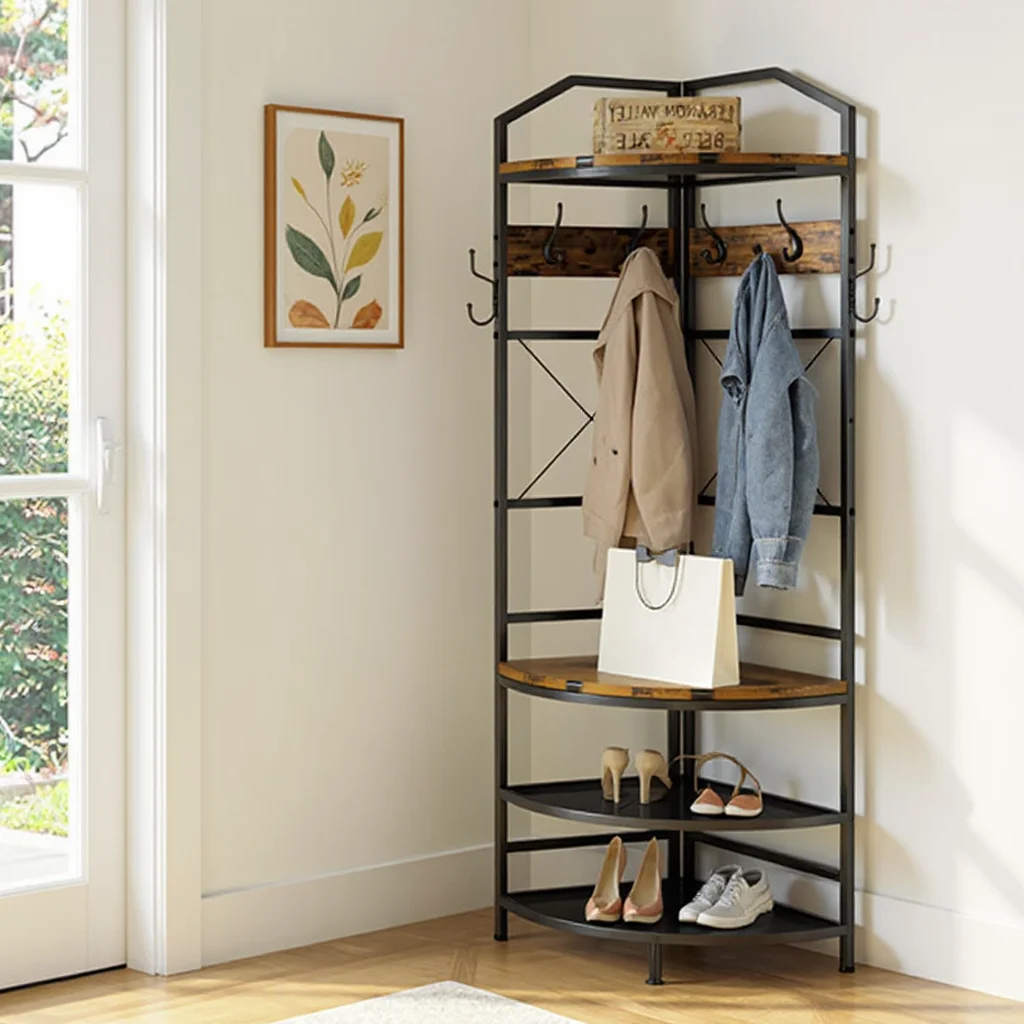 LinkRomat 4-Tier Corner Hall Tree with Hooks and Shoe Storage, Industrial Entryway Coat Rack with Bench, Rustic Wood and Metal Organizer for Small Spaces