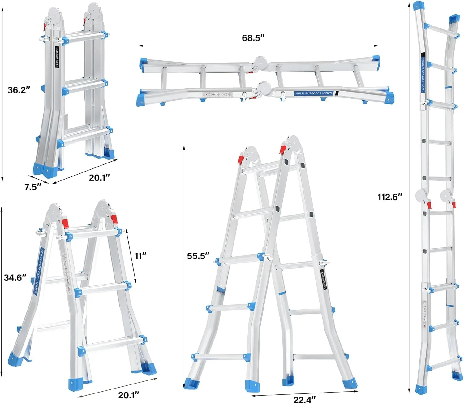 LUISLADDERS Ladder, A Frame 6 Step Ladder Telescoping Ladder, 22 Ft Reach Height Muti Position Folding Ladder Flared Leg & Wheels Design, 330 lbs Capacity Extension Ladder for Household Outdoor Work - Image 17